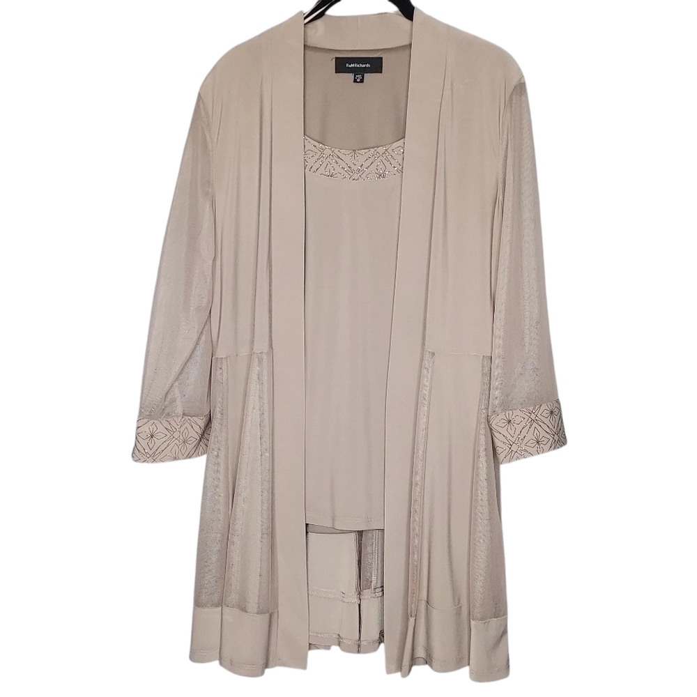 R&M Richards Women 10 Taupe Formal Tunic Cardigan Attach Tank Gold Chiffon